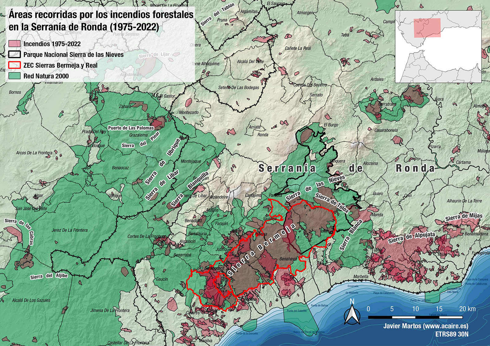 Incendios forestales en la Serranía de Ronda en 1975-2022 (Autor: Javier Martos Martín)