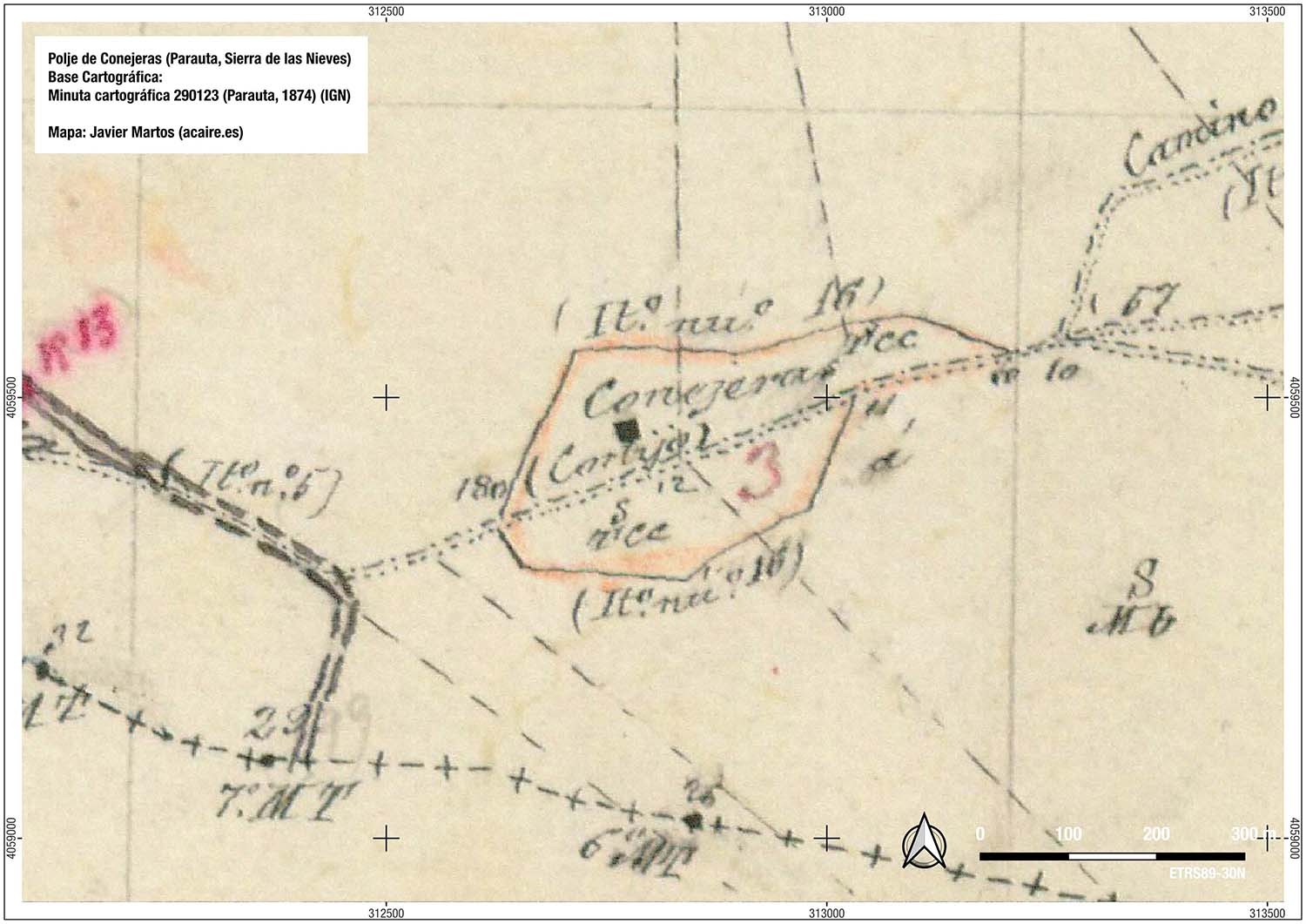 Cortijo de Conejeras. Minuta cartográfica de 1874 (Mapa: Javier Martos)