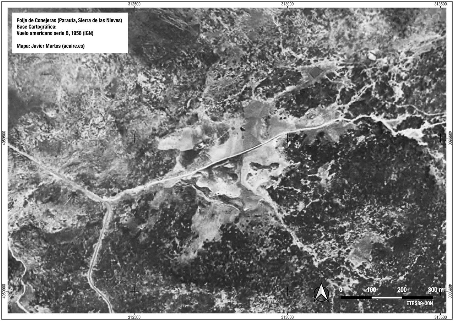 Poljé de Conejeras. Vuelo Americano serie B 1956 (Mapa: Javier Martos)