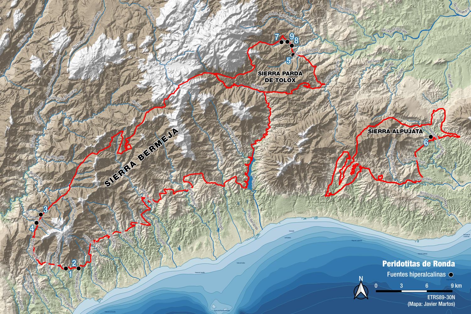 Fuentes hiperalcalinas en las peridotitas de Ronda. A partir de Ojeda et al., 2023 (Mapa: Javier Martos)