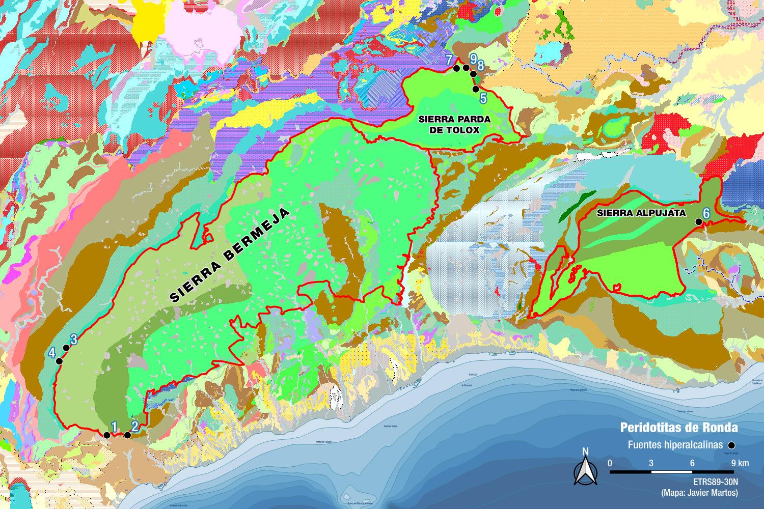 Fuentes hiperalcalinas en las peridotitas de Ronda. A partir de Ojeda et al., 2023 (Mapa: Javier Martos)