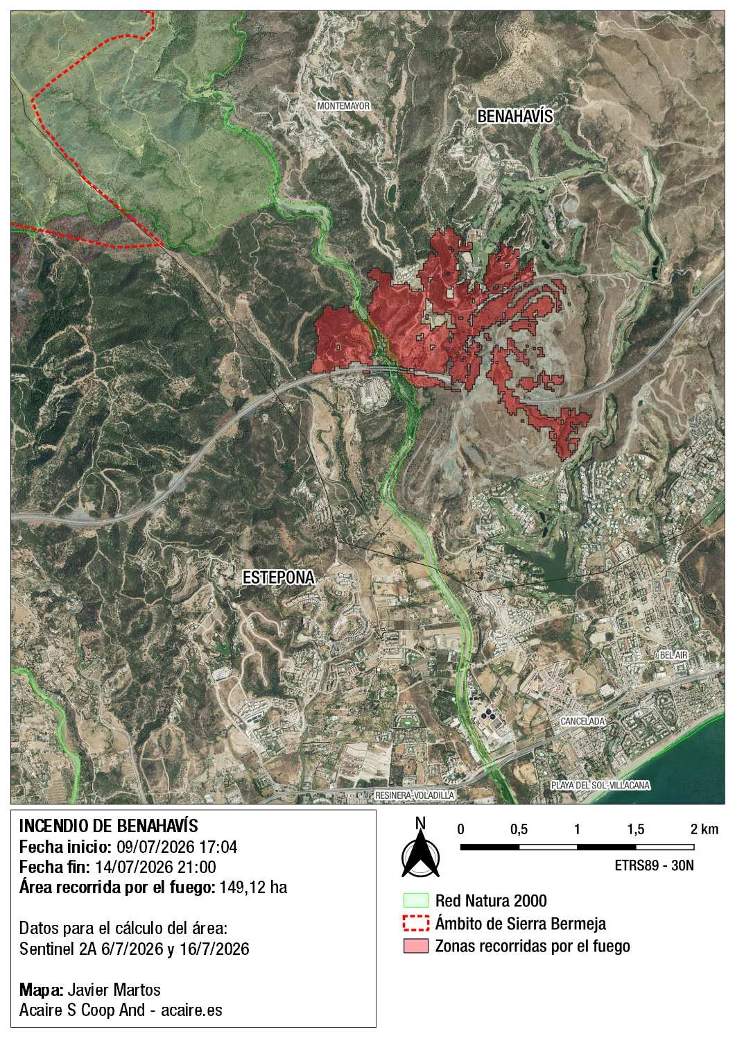 Área recorrida por el fuego en el incendio de Benahavís del 9 de julio de 2026 (Autor: Javier Martos)