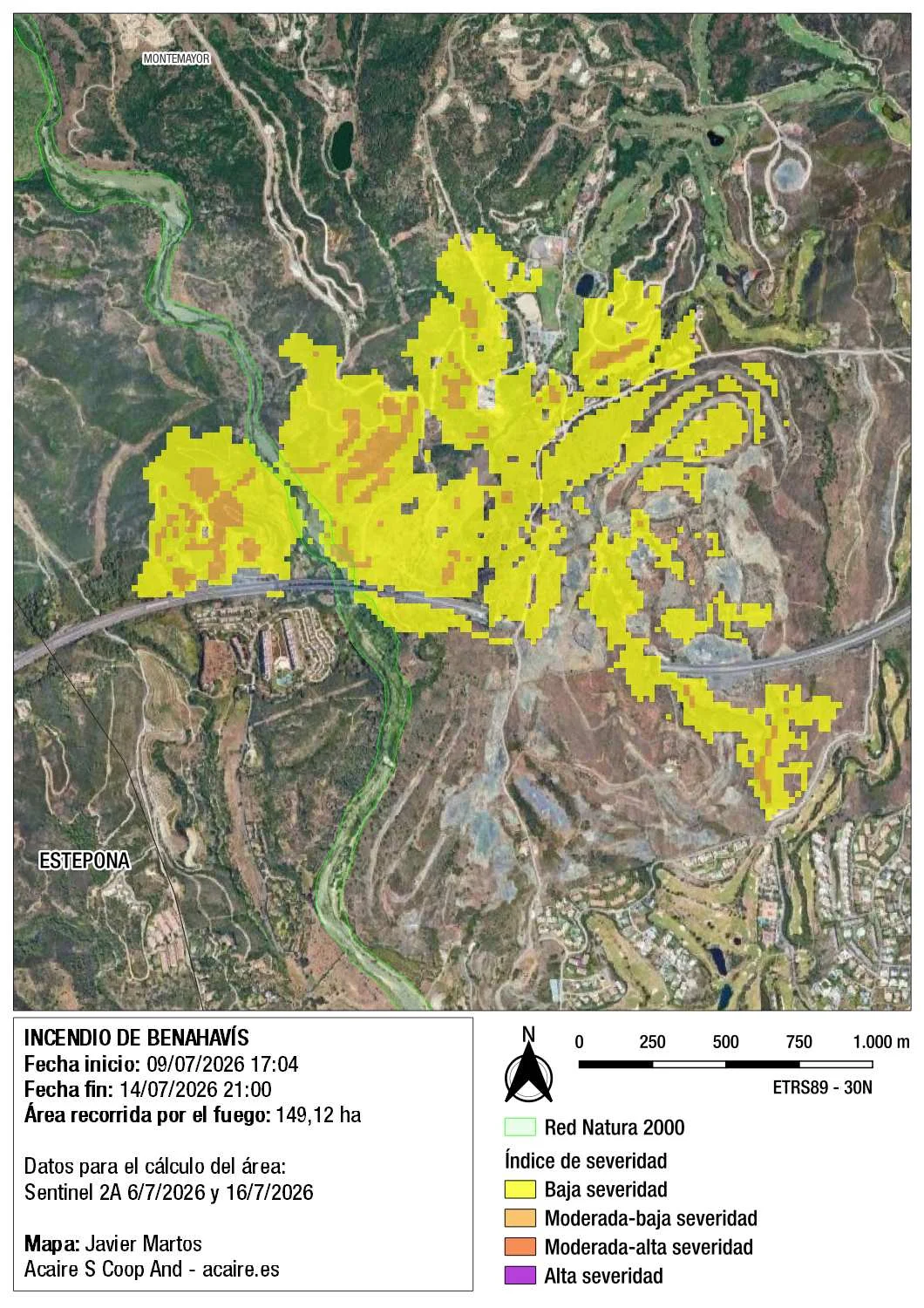 Severidad del fuego en el incendio de Benahavís del 9 de julio de 2026 (Autor: Javier Martos)