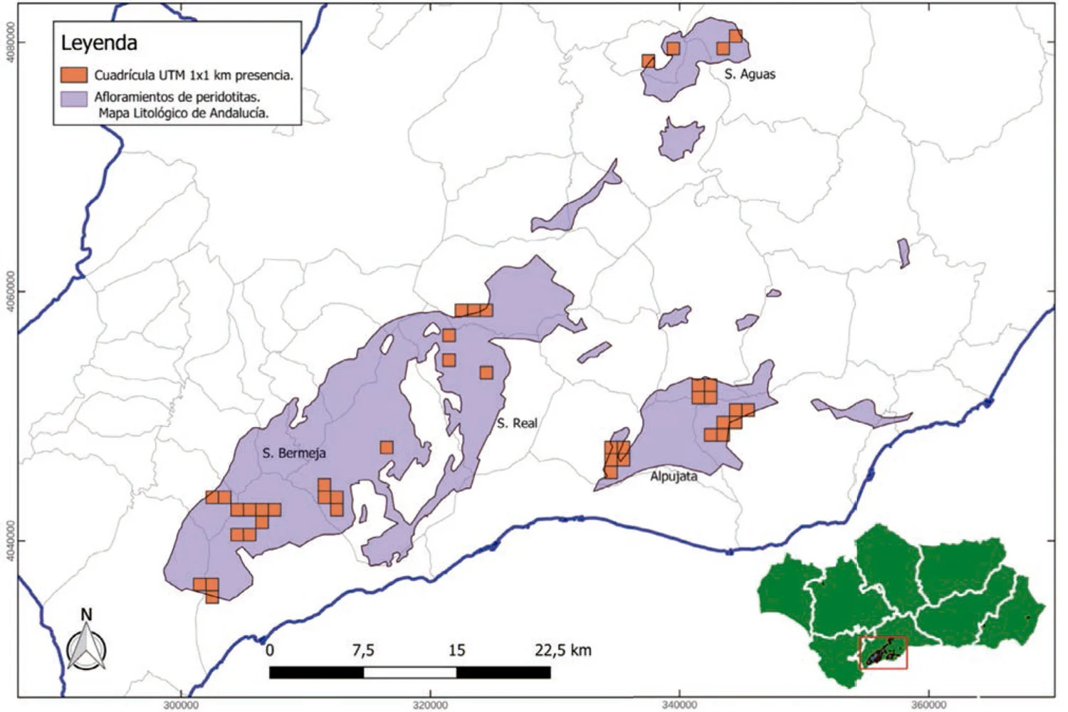 Localizaciones de ejemplares aislados de algarrobos en los afloramientos ultramáficos malagueños (fuente: Pulido Pastor et al., 2026)